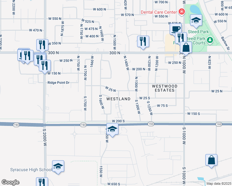 map of restaurants, bars, coffee shops, grocery stores, and more near 17 South 1450 West in Clearfield