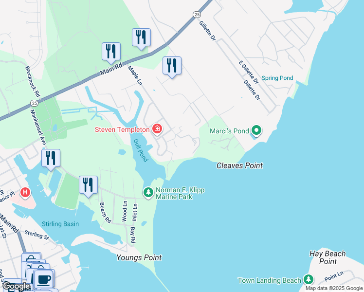 map of restaurants, bars, coffee shops, grocery stores, and more near 7 Beach Road in Greenport