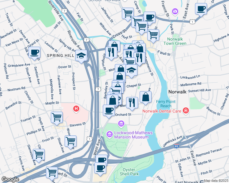 map of restaurants, bars, coffee shops, grocery stores, and more near 614 West Avenue in Norwalk