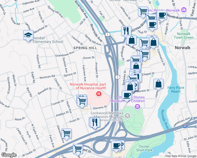 map of restaurants, bars, coffee shops, grocery stores, and more near 33 Prospect Street in Norwalk
