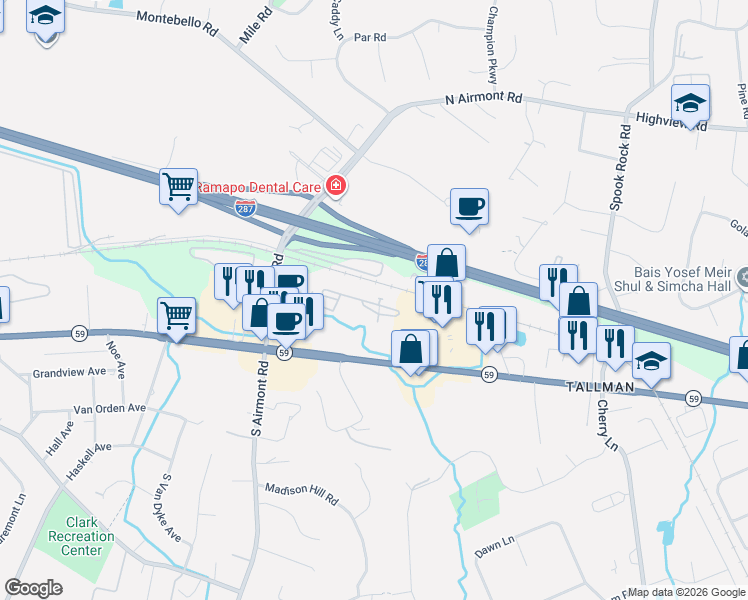 map of restaurants, bars, coffee shops, grocery stores, and more near 24 North De Baun Avenue in Airmont