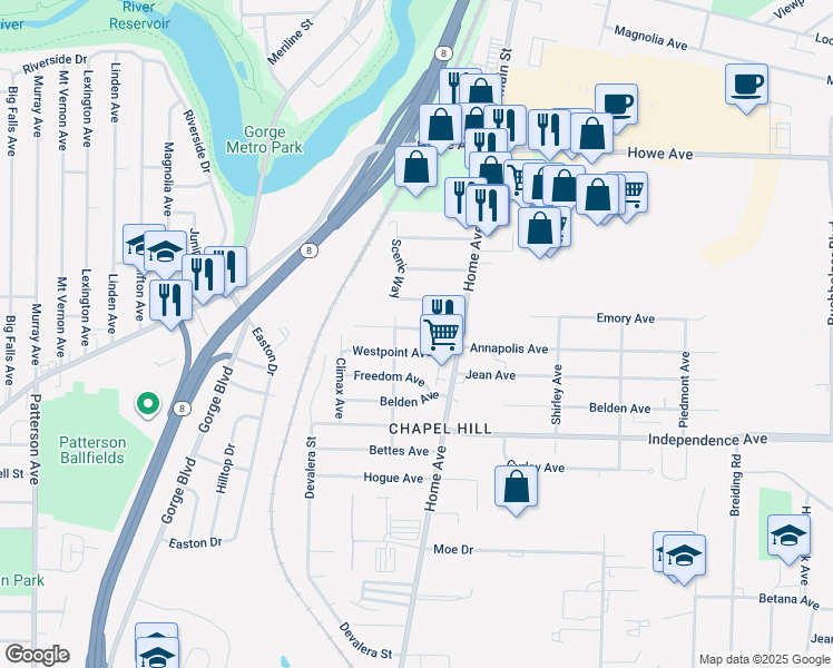 map of restaurants, bars, coffee shops, grocery stores, and more near 753 Westpoint Avenue in Akron