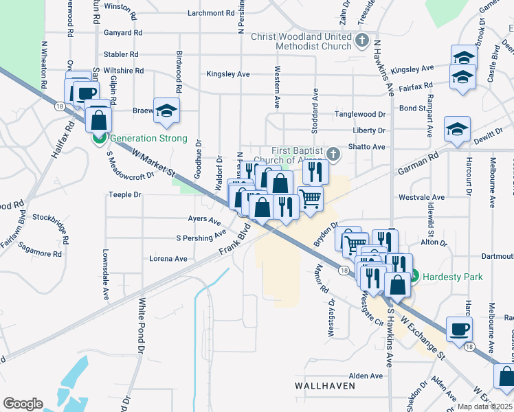 map of restaurants, bars, coffee shops, grocery stores, and more near 1935 West Market Street in Akron