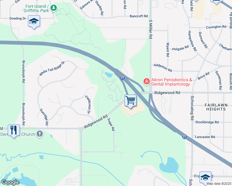 map of restaurants, bars, coffee shops, grocery stores, and more near 590 Parkhill Drive in Fairlawn