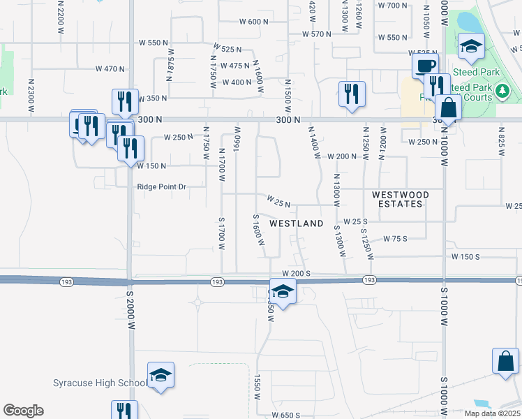 map of restaurants, bars, coffee shops, grocery stores, and more near 1571 West 50 South in West Point