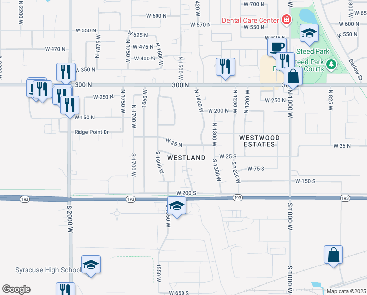 map of restaurants, bars, coffee shops, grocery stores, and more near 17 South 1450 West in Clearfield