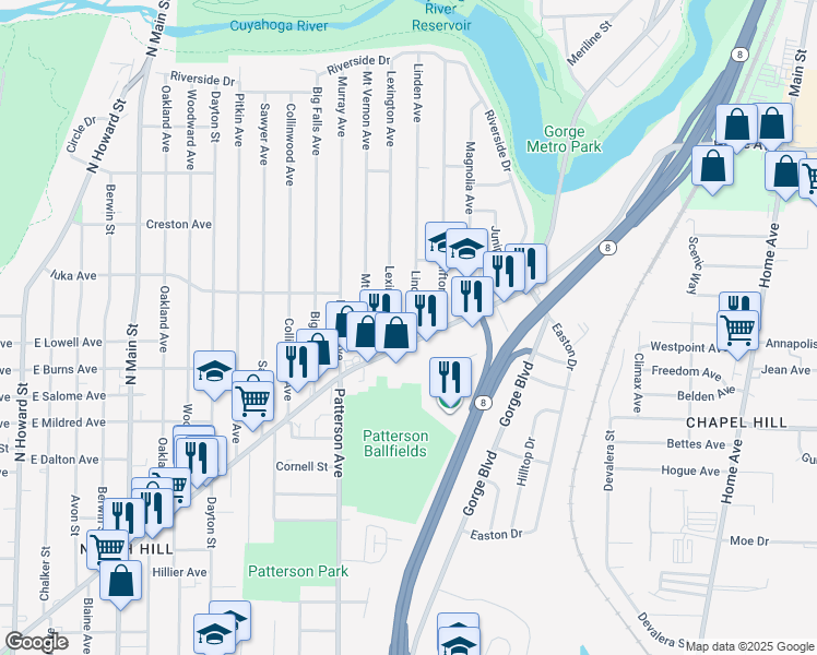 map of restaurants, bars, coffee shops, grocery stores, and more near in Akron