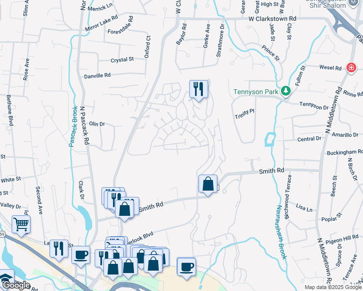 map of restaurants, bars, coffee shops, grocery stores, and more near 11 Chester Lane in Nanuet