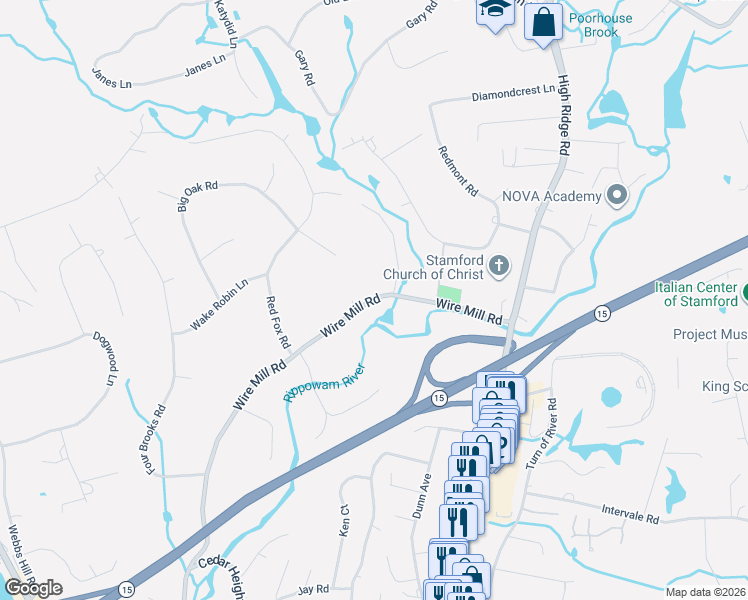 map of restaurants, bars, coffee shops, grocery stores, and more near 503 Wire Mill Road in Stamford