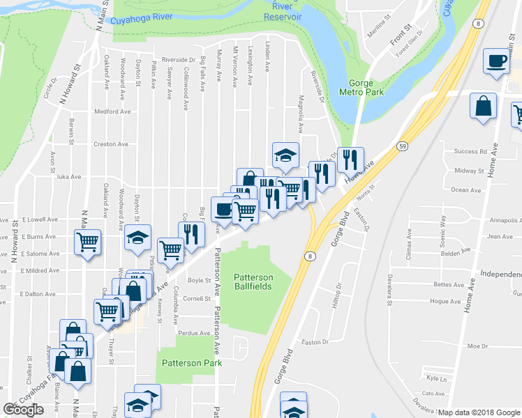 map of restaurants, bars, coffee shops, grocery stores, and more near in Akron