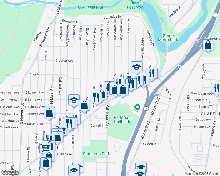 map of restaurants, bars, coffee shops, grocery stores, and more near 1032 Murray Avenue in Akron