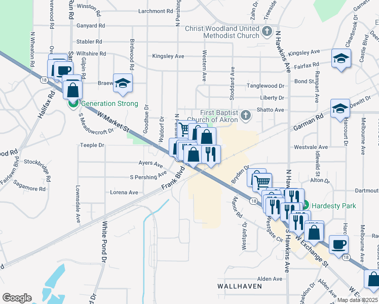 map of restaurants, bars, coffee shops, grocery stores, and more near 1935 West Market Street in Akron