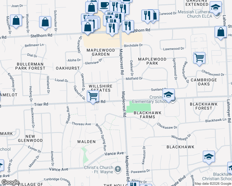 map of restaurants, bars, coffee shops, grocery stores, and more near 3811 Yardley Ct in Fort Wayne