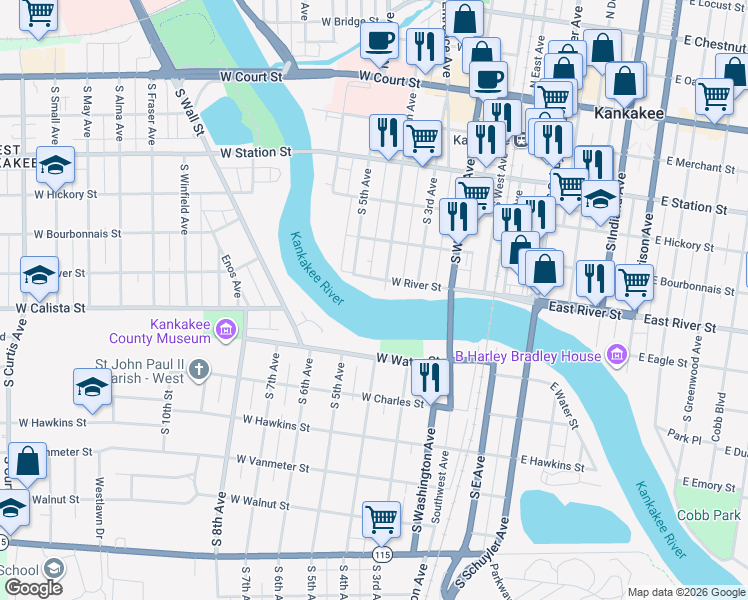 map of restaurants, bars, coffee shops, grocery stores, and more near 614 South 4th Avenue in Kankakee