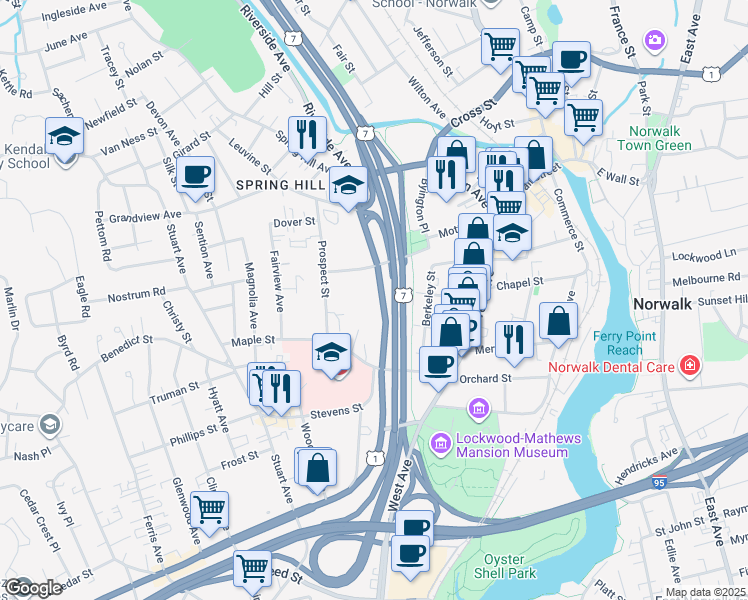 map of restaurants, bars, coffee shops, grocery stores, and more near 56G Clarmore Drive in Norwalk