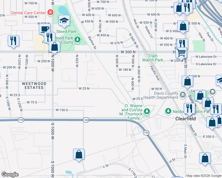 map of restaurants, bars, coffee shops, grocery stores, and more near North 525 West in Clearfield