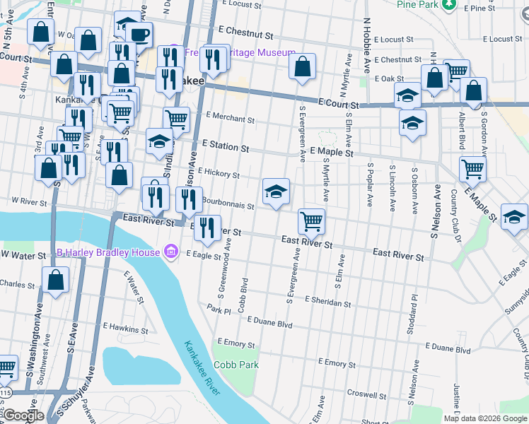 map of restaurants, bars, coffee shops, grocery stores, and more near 554 South Rosewood Avenue in Kankakee