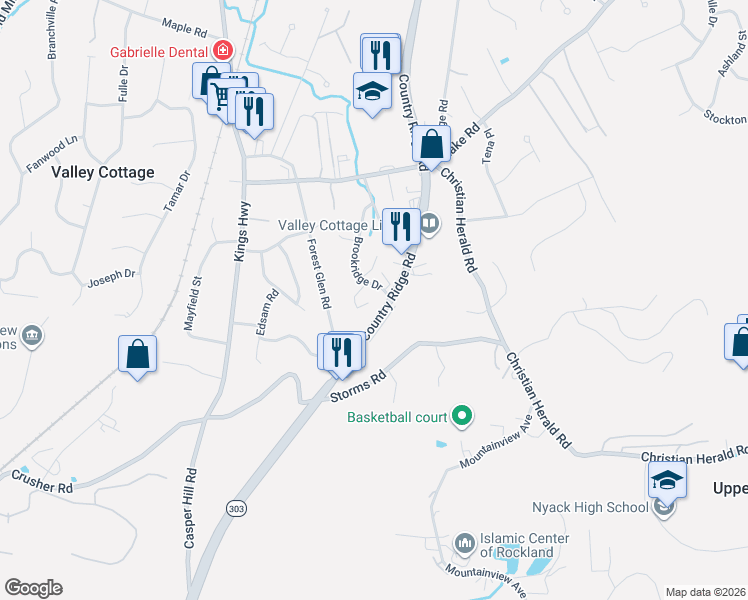 map of restaurants, bars, coffee shops, grocery stores, and more near 799 Brookridge Drive in Valley Cottage