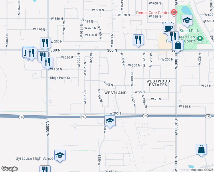 map of restaurants, bars, coffee shops, grocery stores, and more near 1515 West 25 North in West Point
