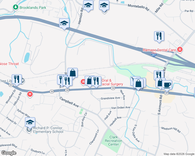 map of restaurants, bars, coffee shops, grocery stores, and more near 41 Lackawanna Trail in Suffern