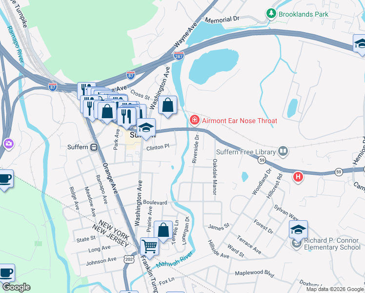 map of restaurants, bars, coffee shops, grocery stores, and more near 22 Antrim Avenue in Suffern