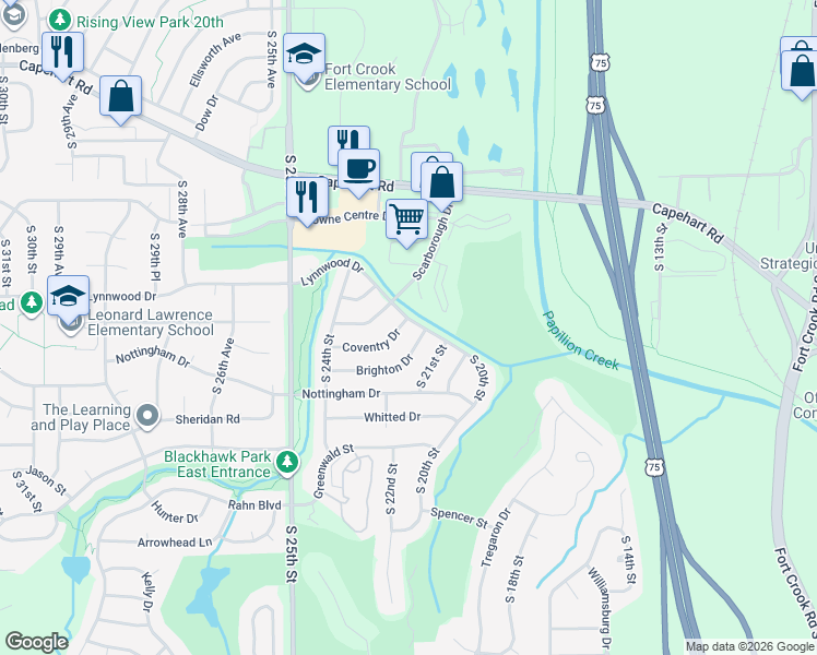 map of restaurants, bars, coffee shops, grocery stores, and more near 2105 Coventry Drive in Bellevue