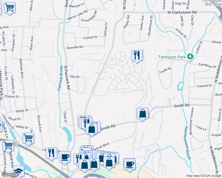 map of restaurants, bars, coffee shops, grocery stores, and more near 72 Chester Lane in Nanuet