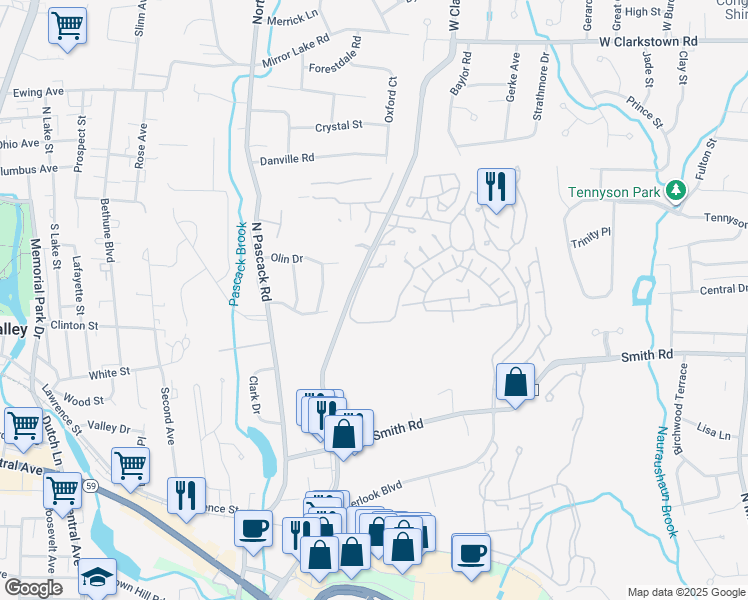 map of restaurants, bars, coffee shops, grocery stores, and more near 18 Yorkshire Court in Nanuet