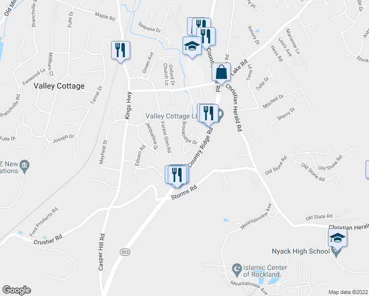 map of restaurants, bars, coffee shops, grocery stores, and more near 796-800 Brookridge Drive in Valley Cottage