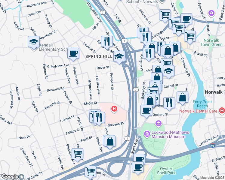 map of restaurants, bars, coffee shops, grocery stores, and more near 33 Prospect Street in Norwalk