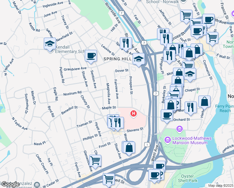 map of restaurants, bars, coffee shops, grocery stores, and more near 32 Fairview Avenue in Norwalk