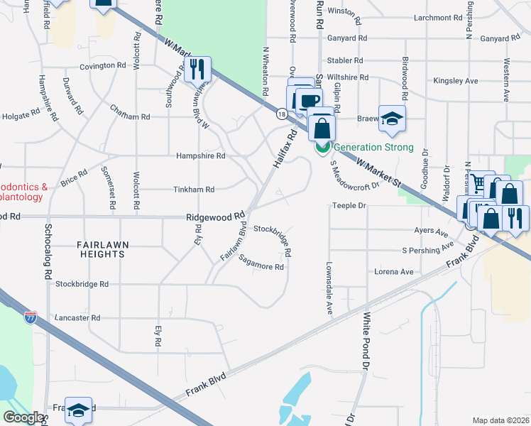 map of restaurants, bars, coffee shops, grocery stores, and more near 1920 Stockbridge Road in Akron