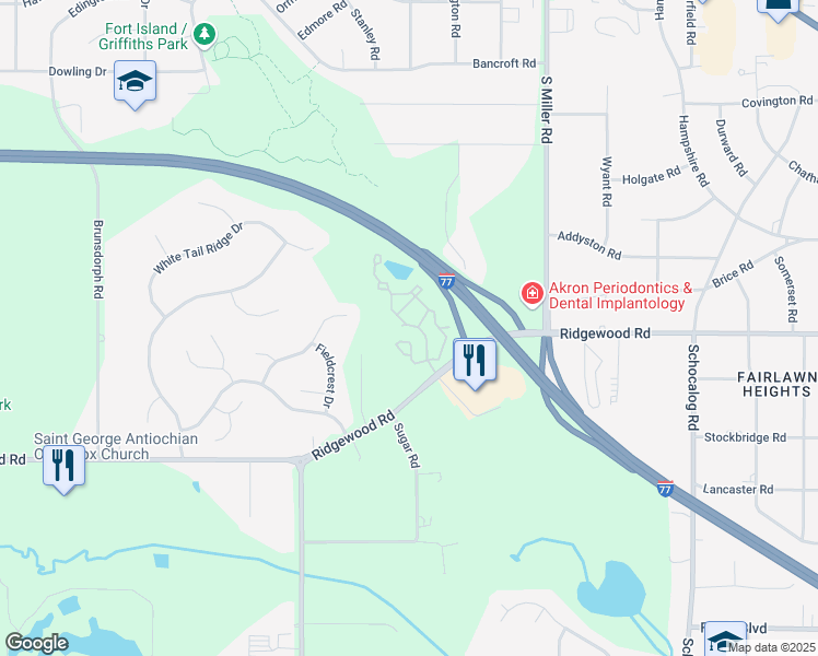 map of restaurants, bars, coffee shops, grocery stores, and more near 619 Parkhill Drive in Fairlawn