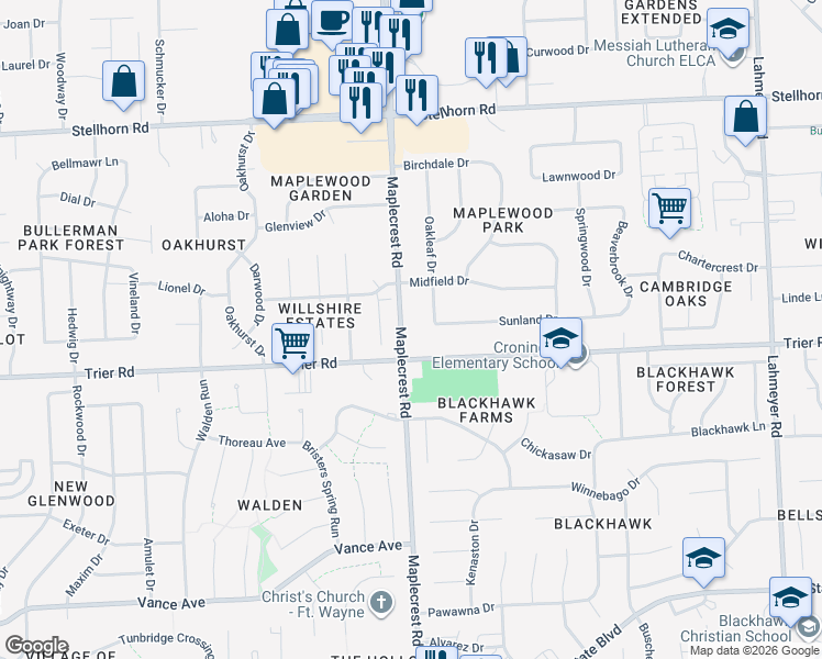 map of restaurants, bars, coffee shops, grocery stores, and more near 6319 Trier Road in Fort Wayne
