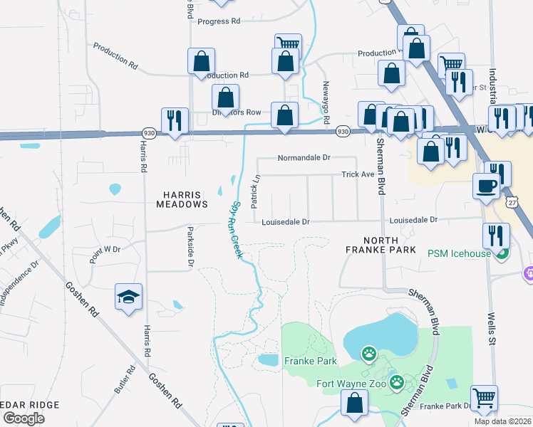 map of restaurants, bars, coffee shops, grocery stores, and more near 1405 Louisedale Dr in Fort Wayne