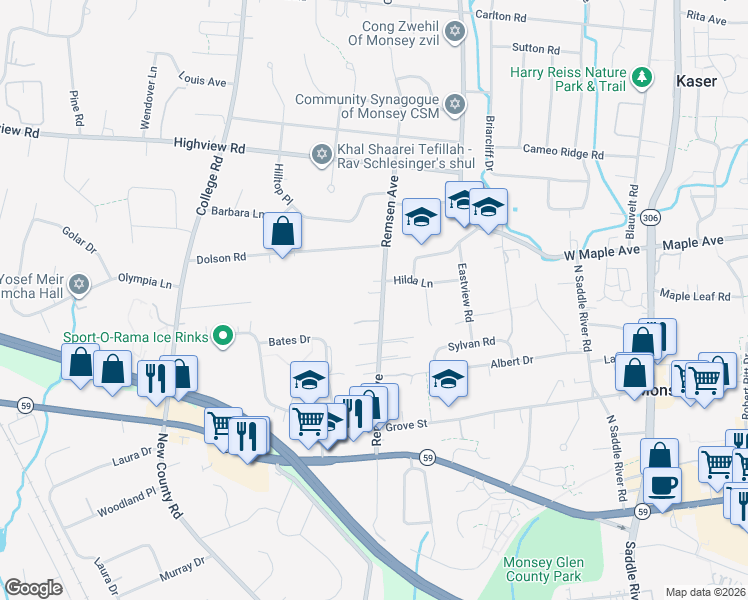 map of restaurants, bars, coffee shops, grocery stores, and more near 161 Remsen Avenue in Monsey