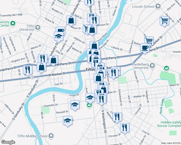 map of restaurants, bars, coffee shops, grocery stores, and more near 95 South Monroe Street in Tiffin