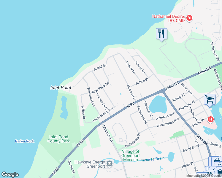 map of restaurants, bars, coffee shops, grocery stores, and more near 125 Caiola Court in Greenport