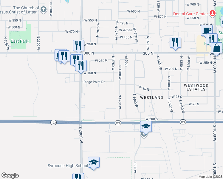 map of restaurants, bars, coffee shops, grocery stores, and more near 47 N 1750 W in West Point