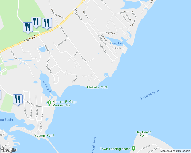 map of restaurants, bars, coffee shops, grocery stores, and more near 2818 Shipyard Lane in East Marion