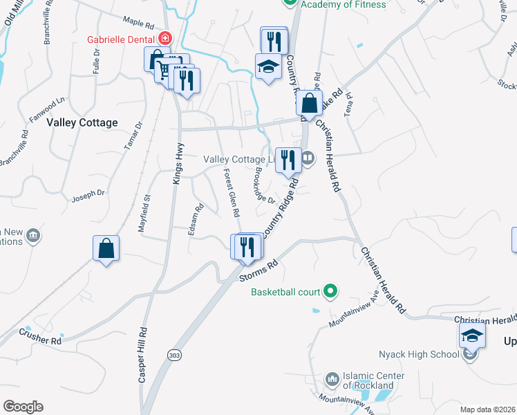 map of restaurants, bars, coffee shops, grocery stores, and more near 798 Brookridge Drive in Valley Cottage