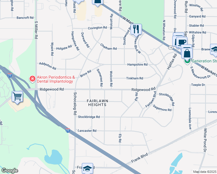 map of restaurants, bars, coffee shops, grocery stores, and more near 2324 Ridgewood Road in Akron