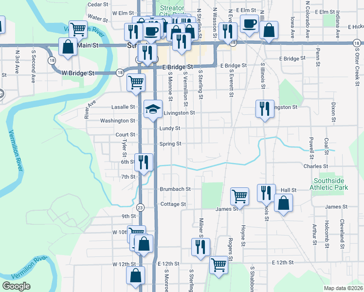 map of restaurants, bars, coffee shops, grocery stores, and more near 612 South Vermillion Street in Streator