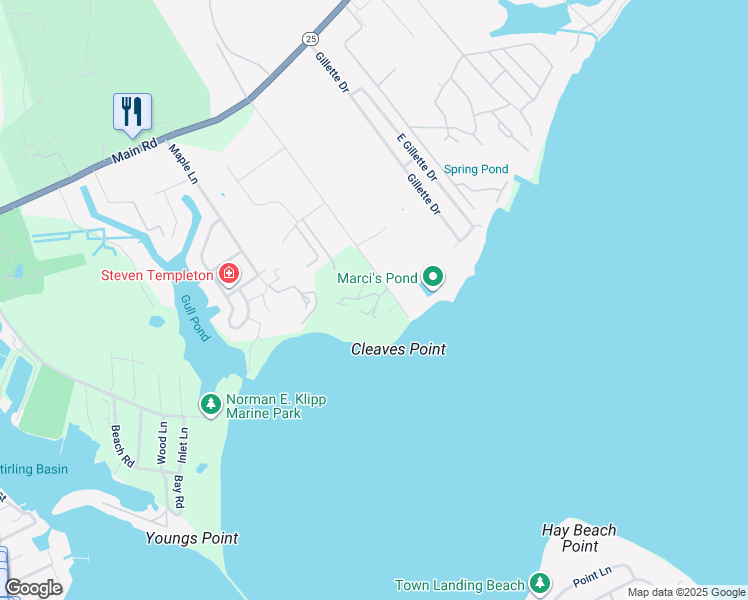 map of restaurants, bars, coffee shops, grocery stores, and more near 45 Cleaves Point Road in East Marion