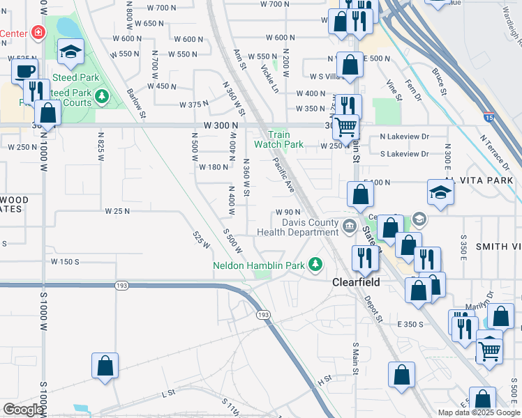 map of restaurants, bars, coffee shops, grocery stores, and more near 334 West 100 North in Clearfield