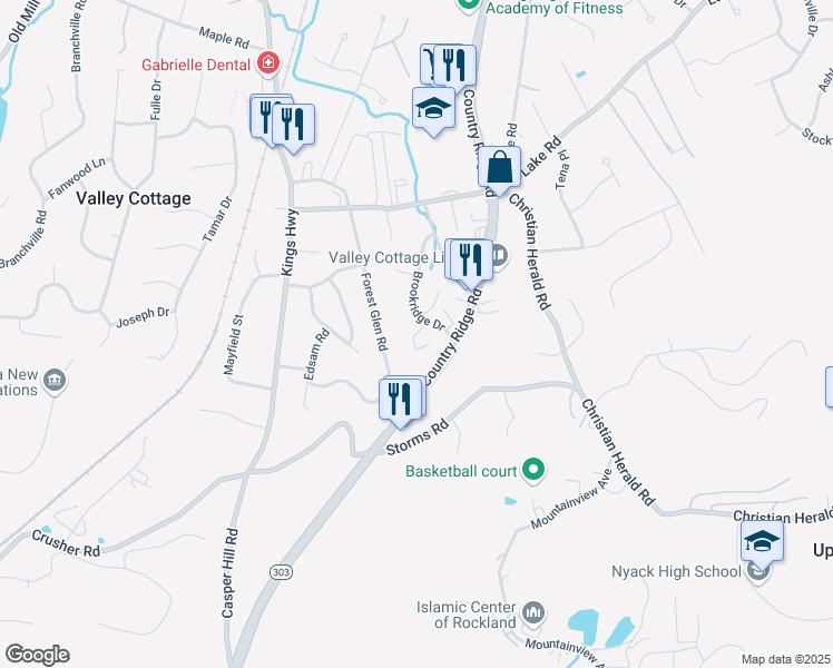 map of restaurants, bars, coffee shops, grocery stores, and more near 798 Brookridge Drive in Valley Cottage