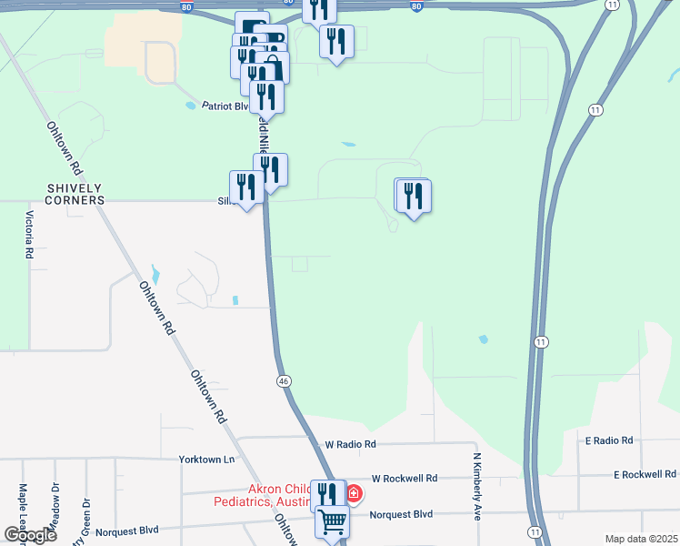 map of restaurants, bars, coffee shops, grocery stores, and more near 5295 Ashley Circle in Youngstown