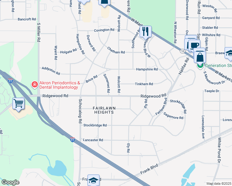 map of restaurants, bars, coffee shops, grocery stores, and more near 2324 Ridgewood Road in Akron