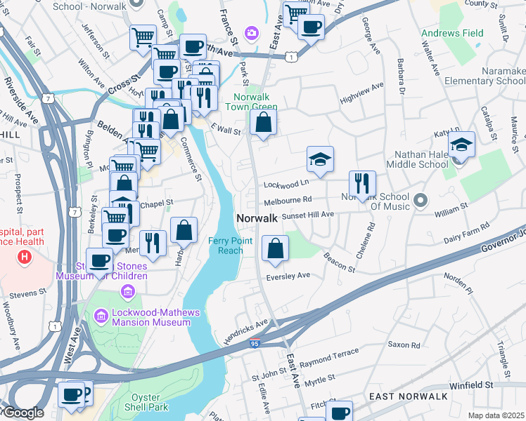 map of restaurants, bars, coffee shops, grocery stores, and more near in Norwalk