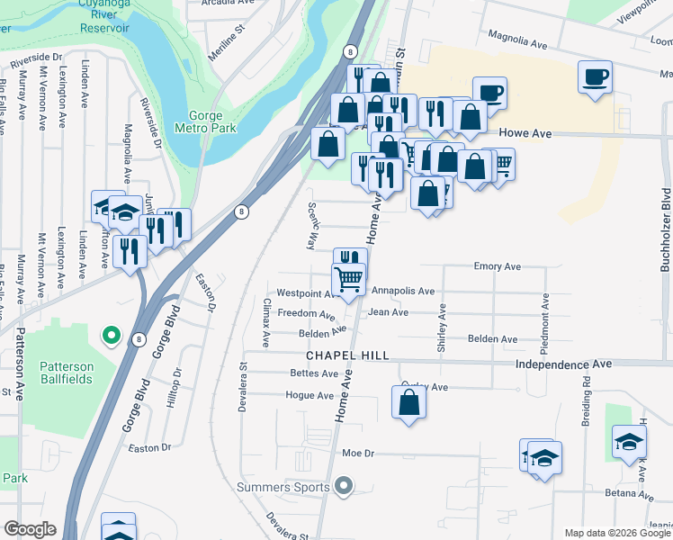 map of restaurants, bars, coffee shops, grocery stores, and more near 765 Annapolis Avenue in Akron